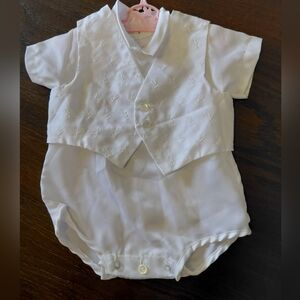 Vintage White Baby Boy Christening Romper with Vest, Hat & Bib.